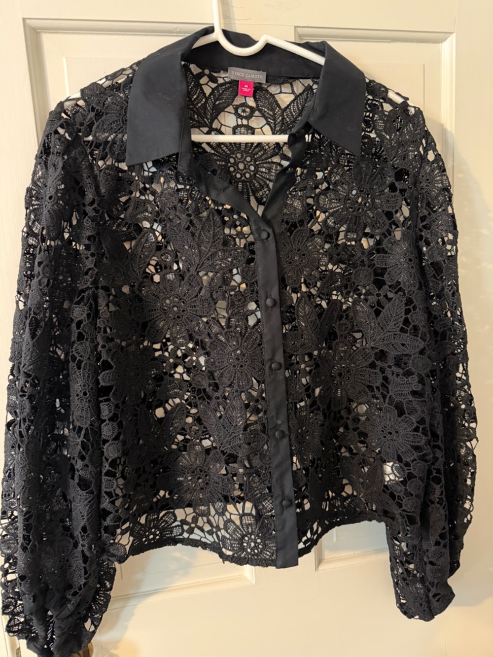Vince Camuto Black Floral Crochet Button-Front Shirt